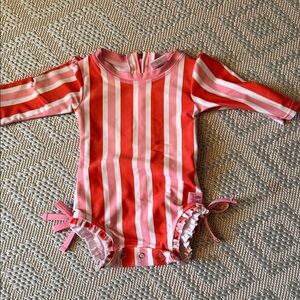 Ruffle Butts Pink and Red Striped Kids Swim Rashguard